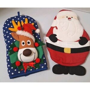 Set of 2 Vintage Novelty Reindeer/Santa 3D Oven Mitt Pot Holder Winfield Trading
